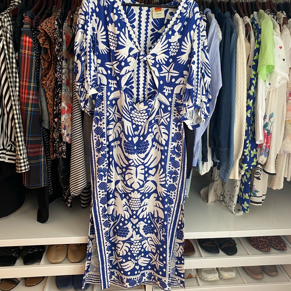 FARM Rio Blue and White Flutter Sleeve Maxi Sundress